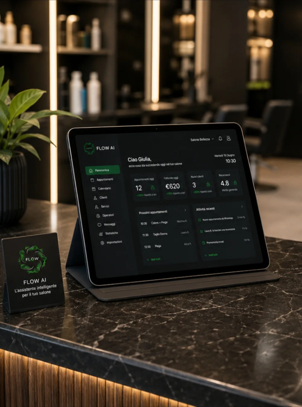Tablet FLOW AI da 10/11 pollici in comodato d'uso su bancone di un salone di parrucchiere